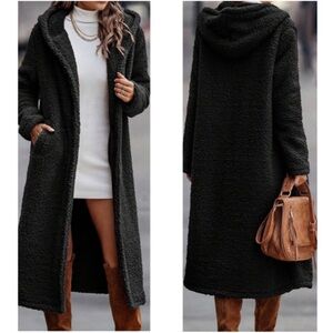 Cozy Black Teddy Button Hoodie Oversized Long Jacket Coat S M L XL